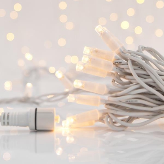 Imagine Șir luminos, 100 LED-uri de 5mm, cablu alb, LED-uri alb cald la fiecare 10 cm