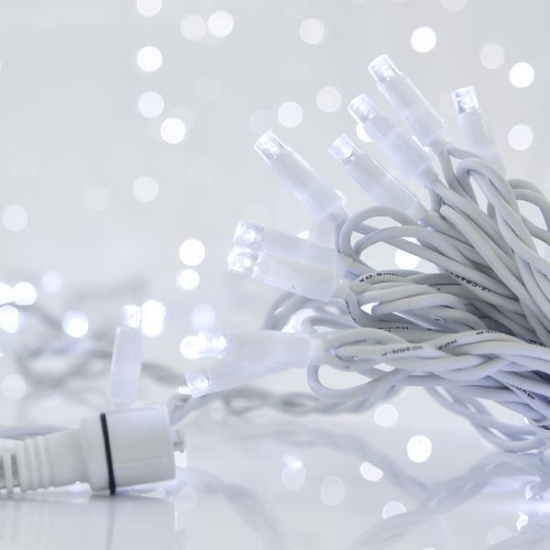 Imagine Șir luminos, 100 LED-uri de 5mm, cablu alb, LED-uri albe la fiecare 10 cm
