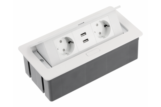 Imagine Priză încorporabilă în blat GTV, 2 prize Schuko, 2 porturi USB 2.1A, cablu 1.5m, alb mat