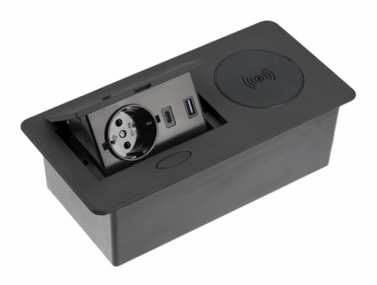 Imagine Priză încorporabilă AVARO PLUS cu USB A+C și încărcător wireless, 1x SCHUKO, cablu 1,5 m, negru
