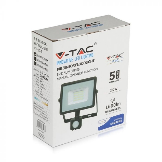 Imagine Proiector LED SMD 20W 6400K IP65 cu senzor de mișcare V-TAC Negru SKU-453