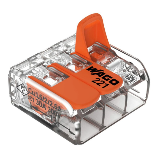 Imagine Clema de legătură rapidă WAGO 221-613 cu 3 conductori și manete, transparentă, 0,5-6 mm², 41A